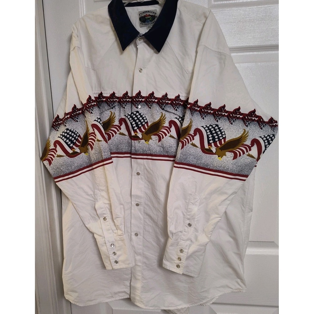 Vintage 2X shirt opal snap button down Patriotic western USA eagle flags FLAWS